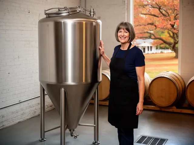 A smiling brewer in a black apron beside a new stainless-steel conical fermenter and oak barrels.
