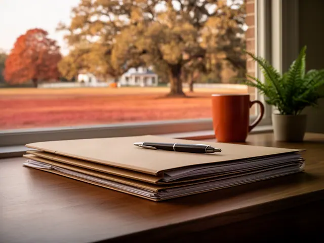 A neat stack of closed manila folders and a pen on a desk by a window.