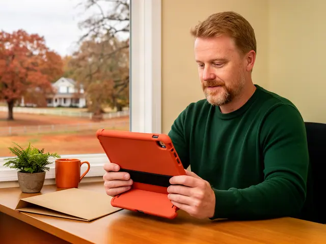 A man with short sandy hair reviewing a tablet at a desk in a small back office.