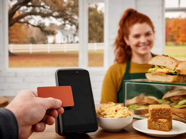 A customer taps an orange card on a counter terminal at a sandwich shop.