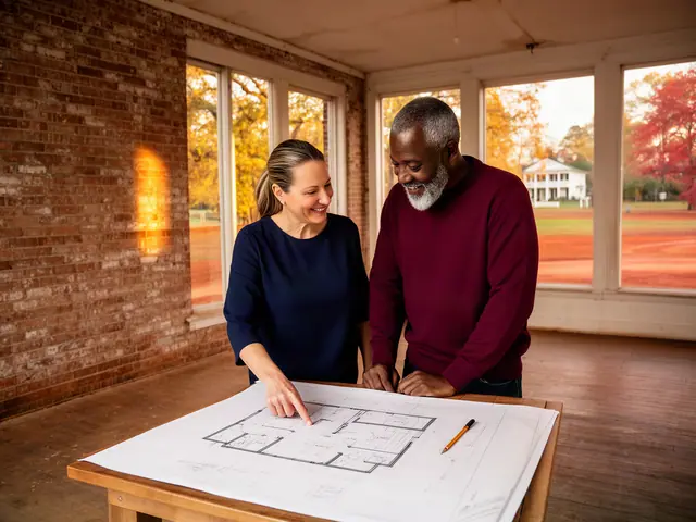 Two business partners looking over a pencil floor sketch in an empty storefront.