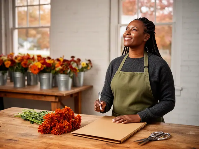 A smiling florist in a green apron at a worktable with orange chrysanthemums and a closed folder.